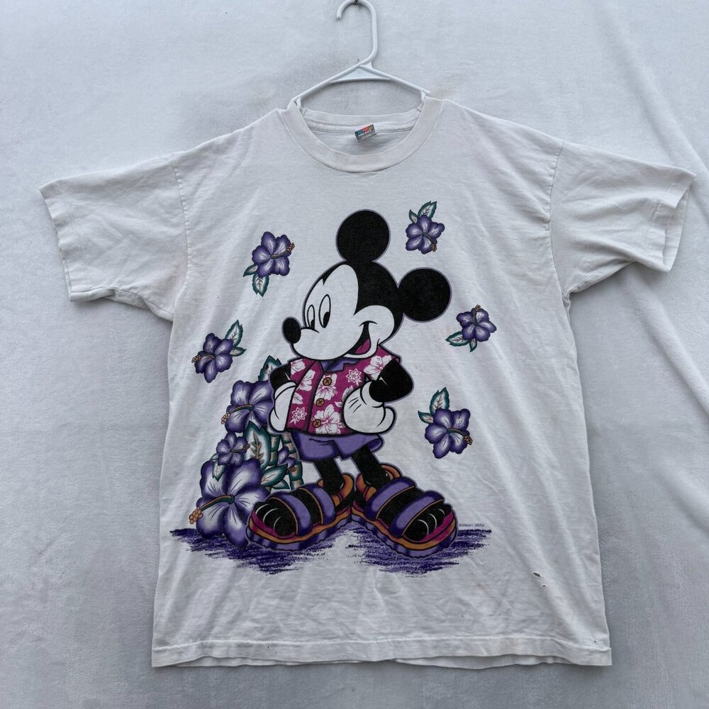 Vintage Mickey Mouse T Shirt Mens One Size (XL) White Disney Hawaiian USA Made